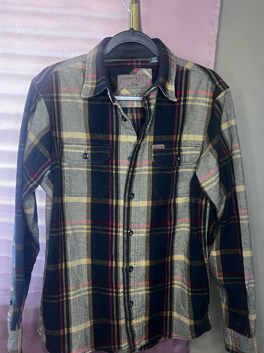 Orvis Navy, Gray & Yellow Plaid Flannel Shirt